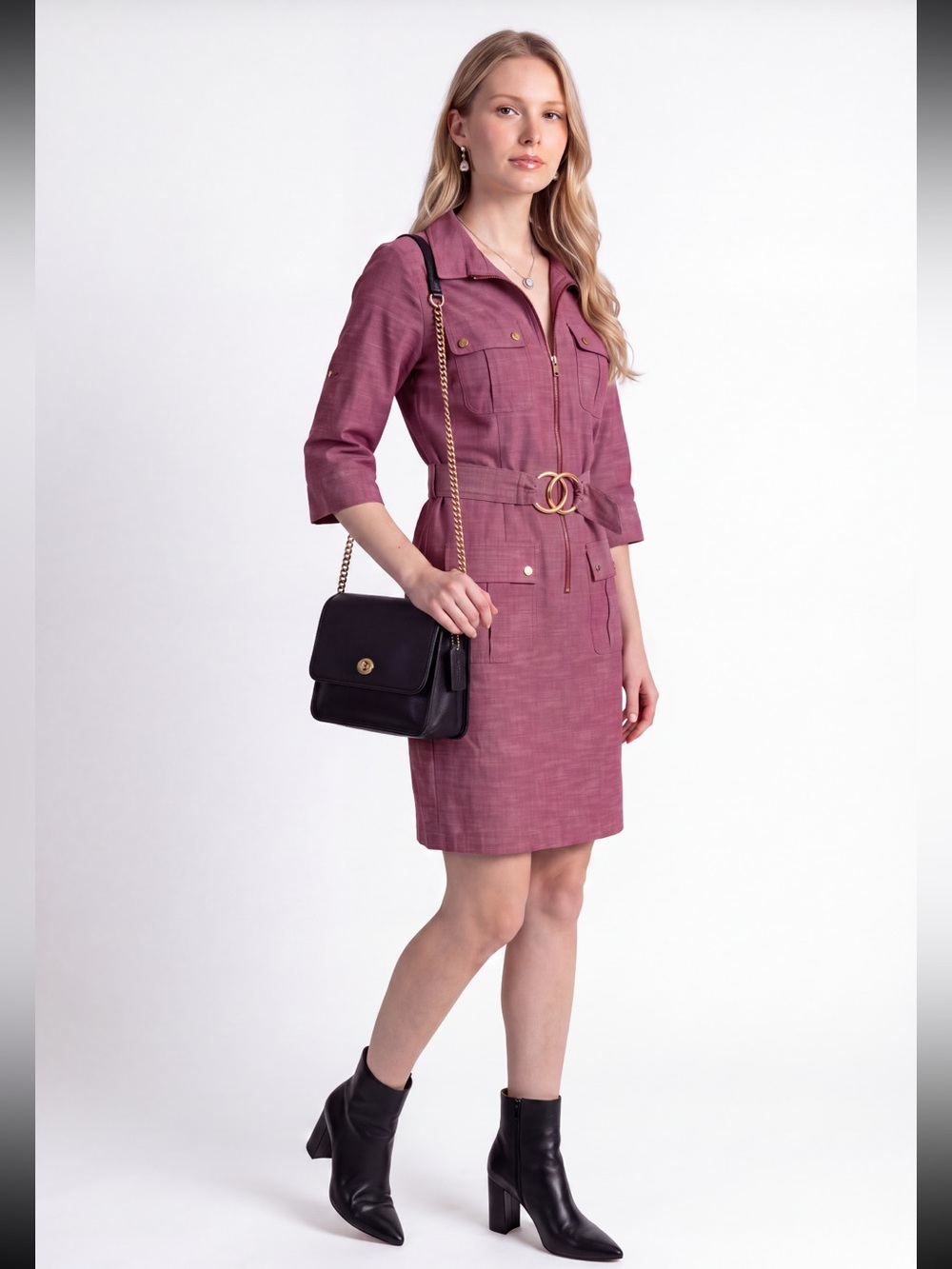 Sharagano Utility Shirt Dress Belted with Sleeve tabs color heathered red wine